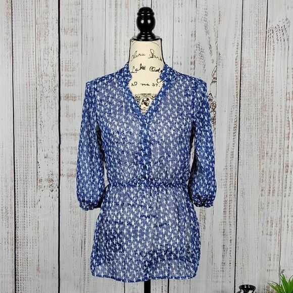 Mossimo Supply Co Blue & White XS Cinch Waist Flowy Loose Bird V-Neck Blouse - Picture 1 of 9